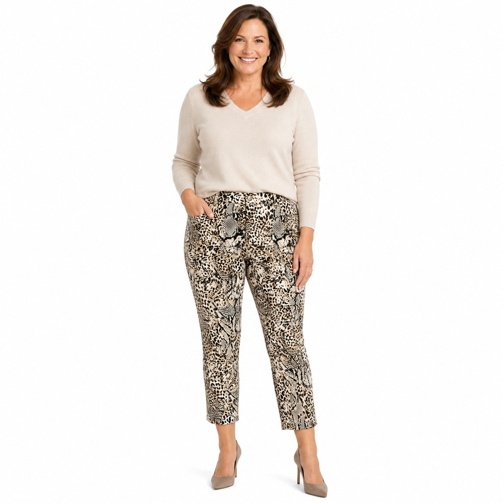 Chicos Animal Print Pull On Stretch Knit Cropped Pants Beige Black sz 2.5 / 14
